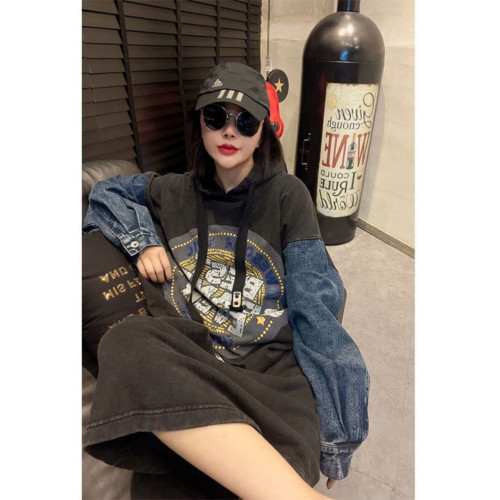 大碼胖mm歐洲站牛仔連帽連衣裙女春秋新款300斤寬松遮肉衛衣裙子
