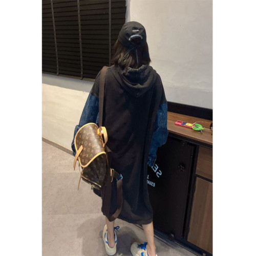 大碼胖mm歐洲站牛仔連帽連衣裙女春秋新款300斤寬松遮肉衛衣裙子