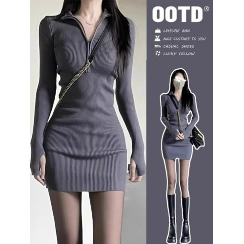 純欲拉鍊針織長袖連衣裙子女秋季2025年新款辣妹絕美小媽裙包臀裙