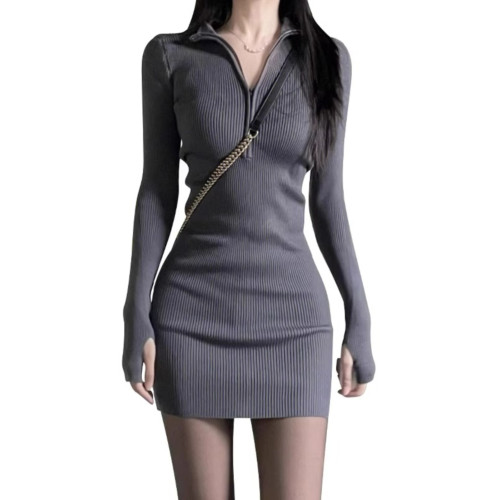 純欲拉鍊針織長袖連衣裙子女秋季2025年新款辣妹絕美小媽裙包臀裙