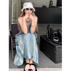 法式復古紥染吊帶連衣裙女夏季寬松慵懶風三亞海邊度假沙灘長裙子