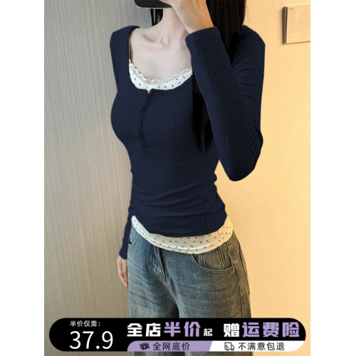 芭蕾風蕾絲假兩件打底衫女秋季季掐腰上衣高級感內搭保暖洋氣小衫 芭蕾風蕾絲假兩件打底衫女秋季季掐腰上衣高級感內搭保暖洋氣小衫