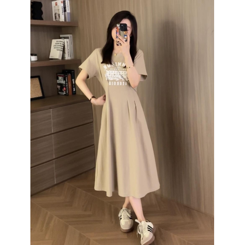 韓版復古印花收腰褶皺連衣裙女2025夏季小個子遮肉顯瘦休閒t恤裙