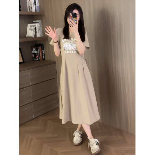 韓版復古印花收腰褶皺連衣裙女2025夏季小個子遮肉顯瘦休閒t恤裙