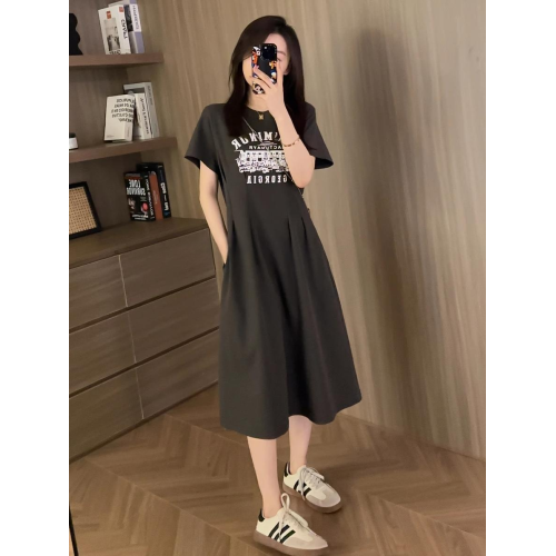 韓版復古印花收腰褶皺連衣裙女2025夏季小個子遮肉顯瘦休閒t恤裙