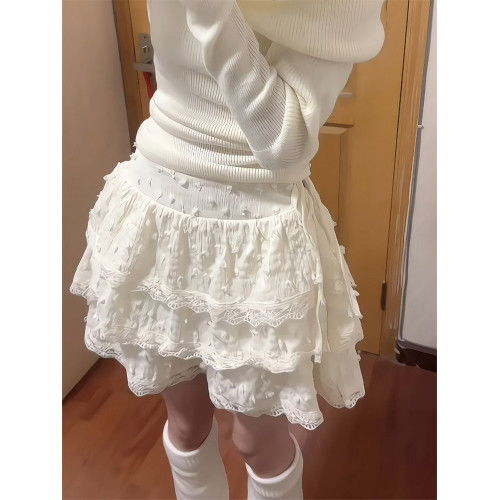 甜美奶黃色半身裙女秋季設計感小個子蕾絲邊蛋糕裙高腰蓬蓬短裙子