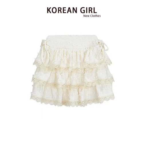 甜美奶黃色半身裙女秋季設計感小個子蕾絲邊蛋糕裙高腰蓬蓬短裙子