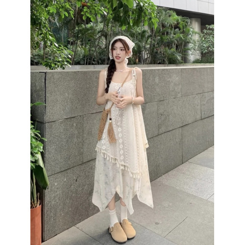 波西米亞風蕾絲吊帶連衣裙女夏季民族風流蘇曡穿裙罩外搭長裙子潮