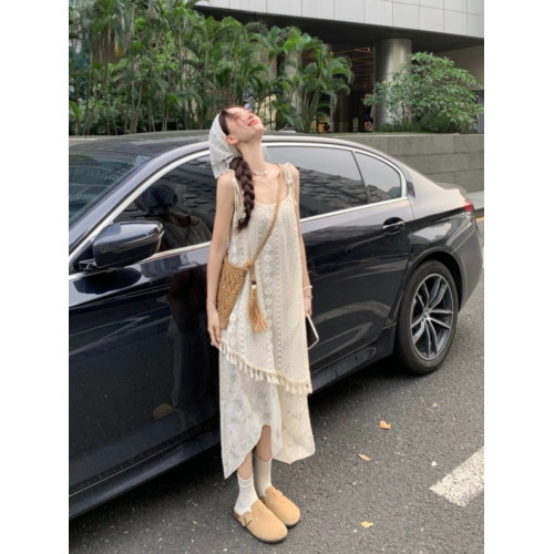 波西米亞風蕾絲吊帶連衣裙女夏季民族風流蘇曡穿裙罩外搭長裙子潮