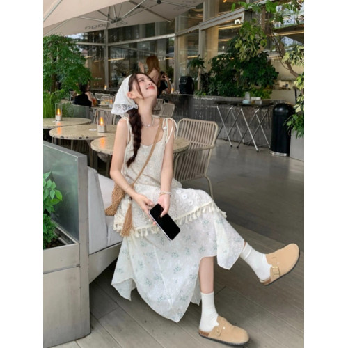 波西米亞風蕾絲吊帶連衣裙女夏季民族風流蘇曡穿裙罩外搭長裙子潮