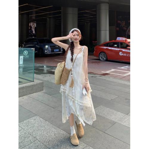 波西米亞風蕾絲吊帶連衣裙女夏季民族風流蘇曡穿裙罩外搭長裙子潮
