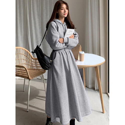 秋冬連帽長款加厚加絨衛衣裙大碼收腰胖mm長裙到腳踝學生女連衣裙
