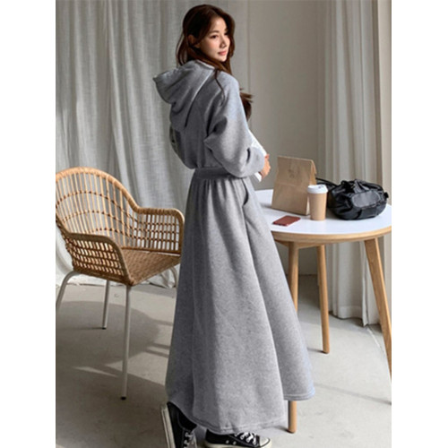 秋冬連帽長款加厚加絨衛衣裙大碼收腰胖mm長裙到腳踝學生女連衣裙