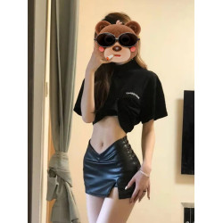 黑色辣妹低腰半裙女秋季開叉小個子短褲裙pu皮裙性感包臀半身裙xs