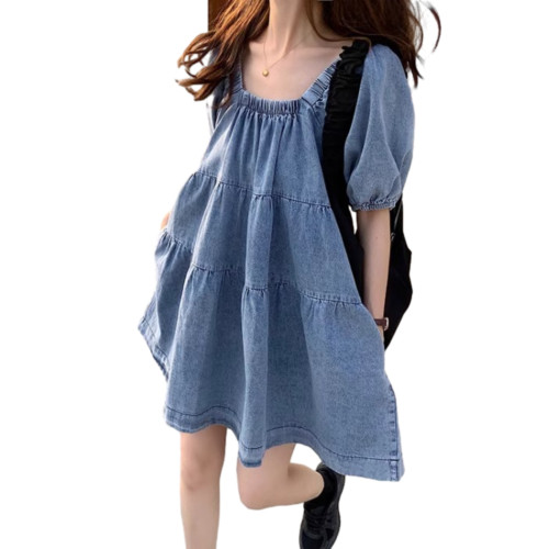 減齡氣質設計感泡泡袖牛仔連衣裙女夏季大碼胖mm收腹顯瘦背帶短裙