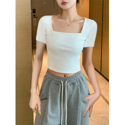 白色方領短袖T恤女2025新款夏季修身短款體恤螺紋露臍露鎖骨上衣