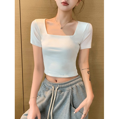 白色方領短袖T恤女2025新款夏季修身短款體恤螺紋露臍露鎖骨上衣