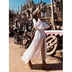 法式鏤空開衫外套女喇叭袖休閒海邊度假風長款刺綉超仙白色連衣裙