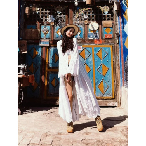 法式鏤空開衫外套女喇叭袖休閒海邊度假風長款刺綉超仙白色連衣裙