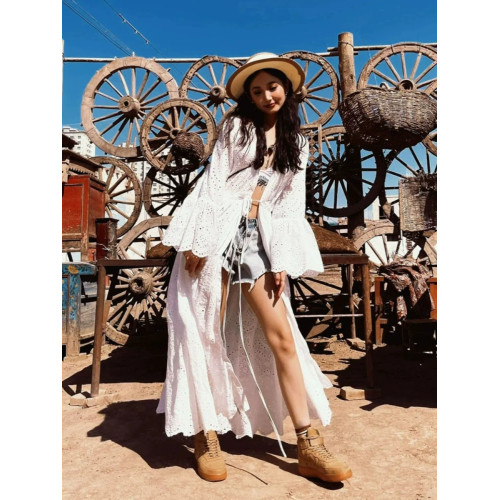 法式鏤空開衫外套女喇叭袖休閒海邊度假風長款刺綉超仙白色連衣裙