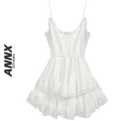 ANNX2025新款不規則白蕾絲拼接吊帶連衣裙女收腰顯瘦內搭短裙子