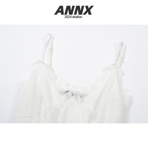 ANNX2025新款不規則白蕾絲拼接吊帶連衣裙女收腰顯瘦內搭短裙子