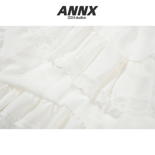 ANNX2025新款不規則白蕾絲拼接吊帶連衣裙女收腰顯瘦內搭短裙子