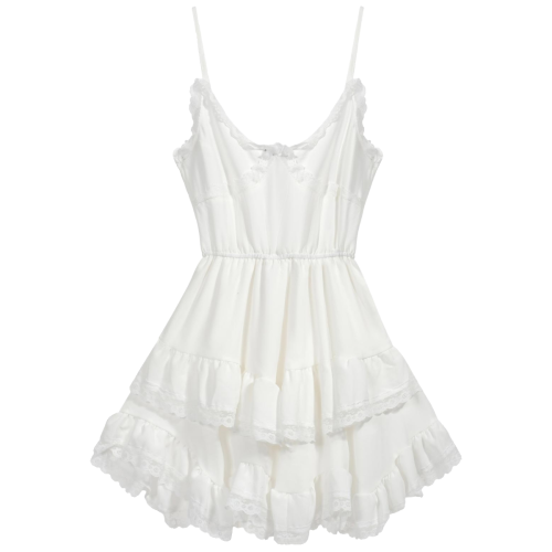 ANNX2025新款不規則白蕾絲拼接吊帶連衣裙女收腰顯瘦內搭短裙子