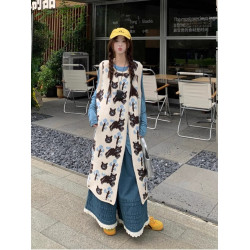 卡通貓咪提花背心連衣裙女秋冬季新款復古寬松顯瘦打底針織長裙子