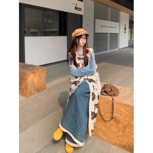 卡通貓咪提花背心連衣裙女秋冬季新款復古寬松顯瘦打底針織長裙子