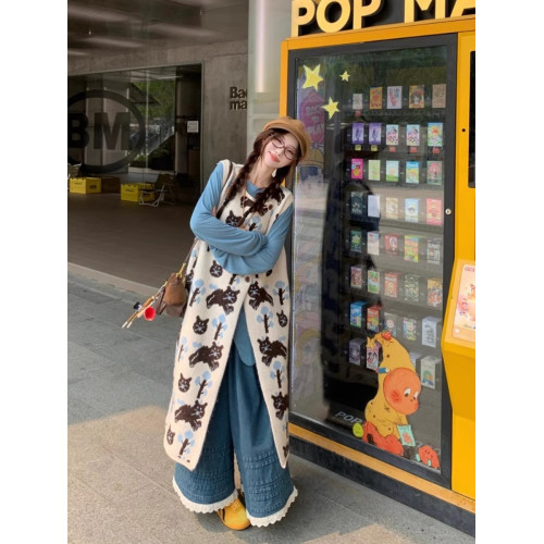 卡通貓咪提花背心連衣裙女秋冬季新款復古寬松顯瘦打底針織長裙子