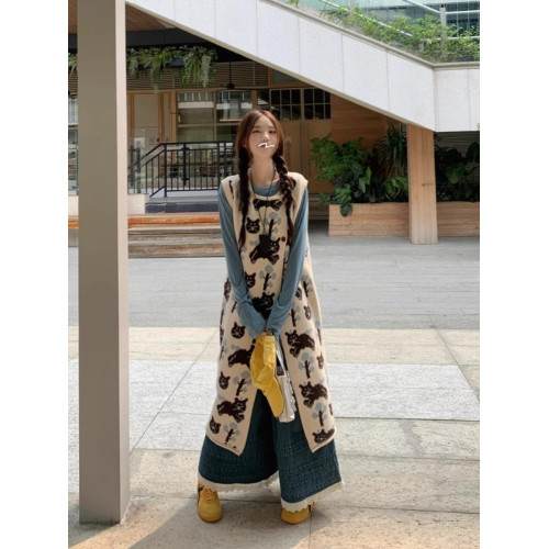 卡通貓咪提花背心連衣裙女秋冬季新款復古寬松顯瘦打底針織長裙子