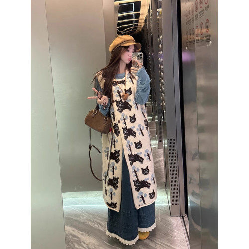 卡通貓咪提花背心連衣裙女秋冬季新款復古寬松顯瘦打底針織長裙子