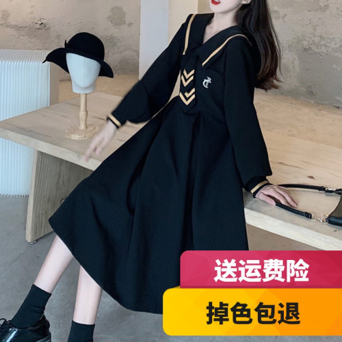 金邊海軍領長袖小黑裙2025秋冬新款大碼日系學院風配領帶JK連衣裙