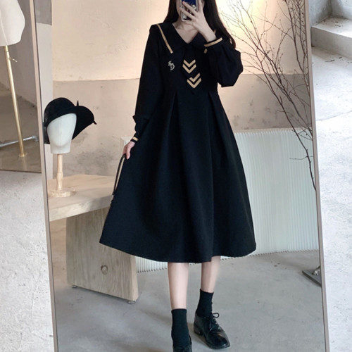 金邊海軍領長袖小黑裙2025秋冬新款大碼日系學院風配領帶JK連衣裙