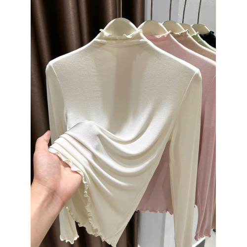 木耳邊半高領莫代爾打底衫女春秋冬內搭超彈皮膚面膜長袖t恤上衣