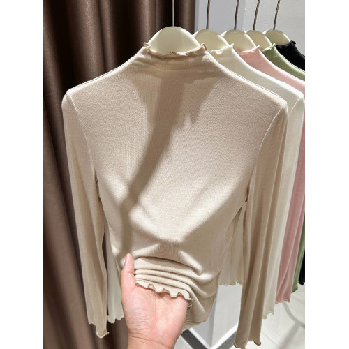 木耳邊半高領莫代爾打底衫女春秋冬內搭超彈皮膚面膜長袖t恤上衣