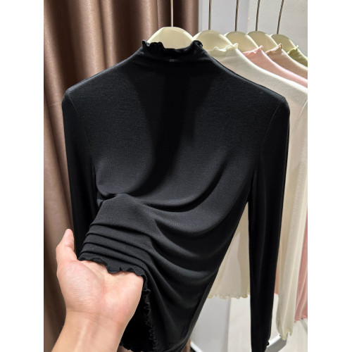 木耳邊半高領莫代爾打底衫女春秋冬內搭超彈皮膚面膜長袖t恤上衣