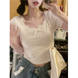 茶藝純欲蕾絲甜辣緊身短袖t恤女大碼胖mm微胖設計感短款短上衣夏