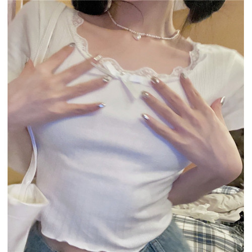 茶藝純欲蕾絲甜辣緊身短袖t恤女大碼胖mm微胖設計感短款短上衣夏