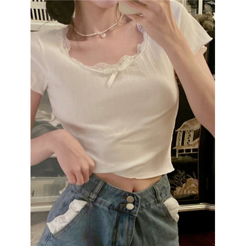 茶藝純欲蕾絲甜辣緊身短袖t恤女大碼胖mm微胖設計感短款短上衣夏