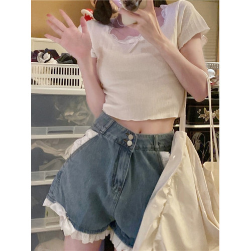 茶藝純欲蕾絲甜辣緊身短袖t恤女大碼胖mm微胖設計感短款短上衣夏