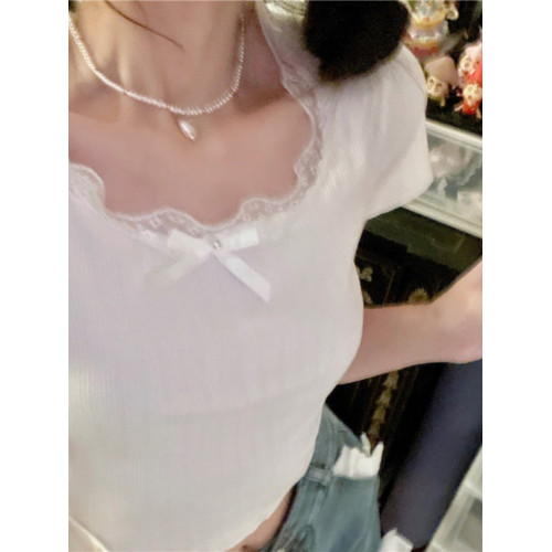 茶藝純欲蕾絲甜辣緊身短袖t恤女大碼胖mm微胖設計感短款短上衣夏