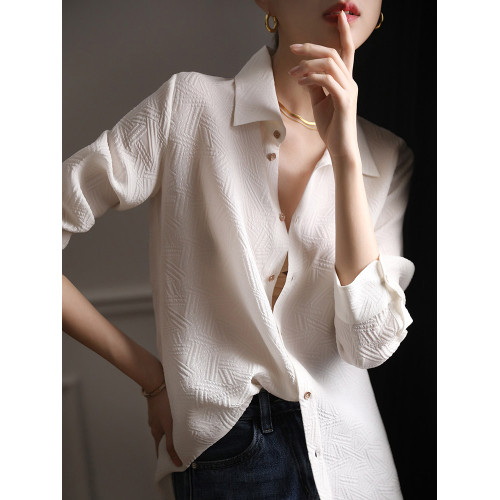 高級感壓花暗紋白色襯衫女春裝2025年新款設計感職業氣質長袖上衣