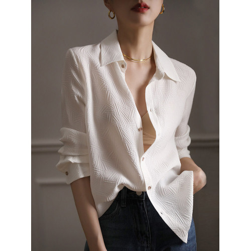 高級感壓花暗紋白色襯衫女春裝2025年新款設計感職業氣質長袖上衣