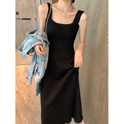 2025新款針織吊帶連衣裙女一字領遮肉顯瘦收腰中長款內搭打底長裙