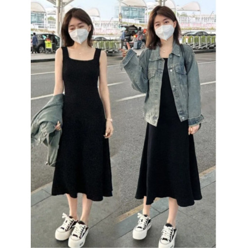 2025新款針織吊帶連衣裙女一字領遮肉顯瘦收腰中長款內搭打底長裙