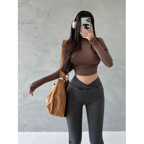 YoungGirlDay純欲性感緊身顯瘦小高領短款露臍打底衫長袖T恤上衣 YoungGirlDay純欲性感緊身顯瘦小高領短款露臍打底衫長袖T恤上衣