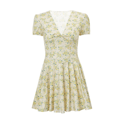 法式甜美碎花泡泡短袖性感V領連衣裙女夏純欲收腰顯瘦辣妹A字短裙