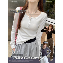2025秋裝新款高級感洋氣正肩辣妹內搭小上衣女低領打底衫長袖t恤